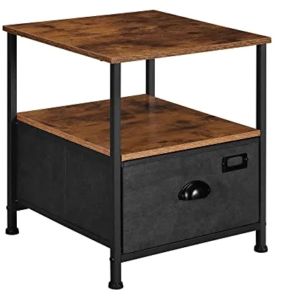 SONGMICS nattbord, med 2 hyller og 1 skuff - rustikk brun MDF og svart imitert semsket skinn/metall (41x41)